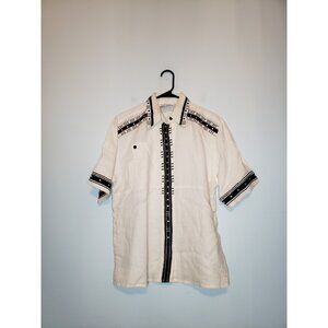 Vtg Gary Fabrikant Womens 8 Shirt Cream Black Embroidered 100% Ramie Metallic